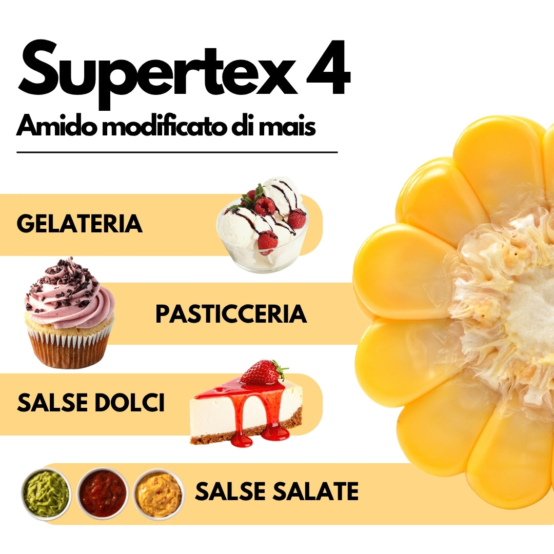 Amido alimentare pregelatinizzato SUPERTEX 4 di SaporePuro, modificato da mais, ideale per uso a freddo, in confezione da 500g