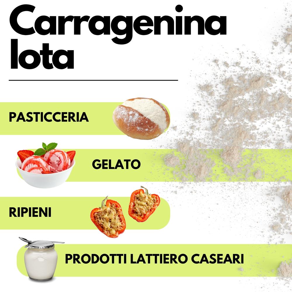 SaporePuro Carragenina Iota E407 gelifiant elastique powder in a clear container, ready for culinary use.