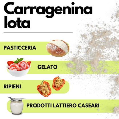 SaporePuro Carragenina Iota E407 gelifiant elastique powder in a clear container, ready for culinary use.