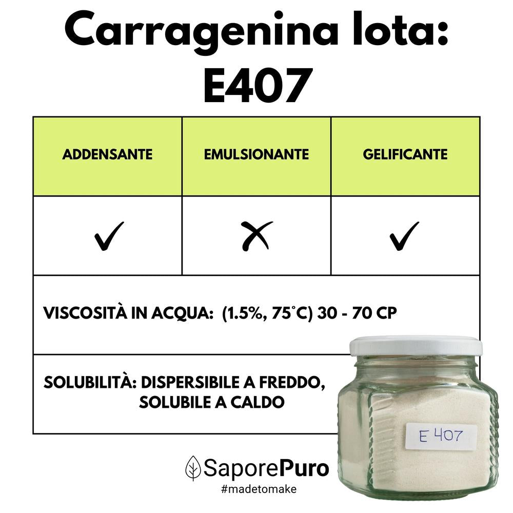SaporePuro Carragenina Iota E407 gel-forming agent in a clear, powder form used as an elastic gelling agent in food.