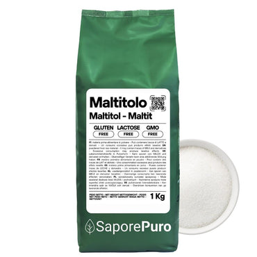 Maltitolo in polvere SaporePuro in confezione italiana, vista dell'etichetta e del contenuto in polvere bianca.