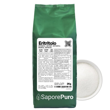 Zucchero eritritolo SaporePuro, dolcificante naturale zero calorie di origine francese, in confezione con zucchero bianco.