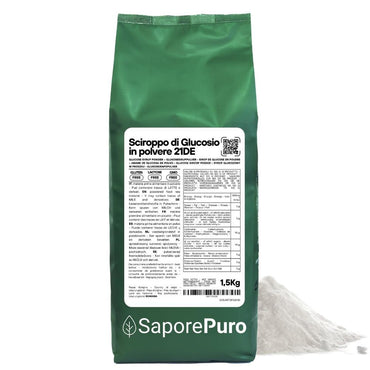 Sciroppo di glucosio in polvere 21DE di SaporePuro, ingrediente per cucinare e da forno, visibile nella confezione.
