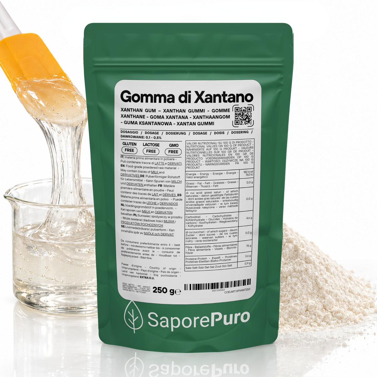 Gomma di xantano SaporePuro E415 in confezione, ingrediente naturale usato in cucina e pasticceria, immagine in primo piano.