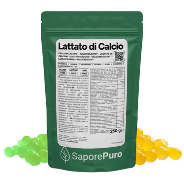 Lattato di calcio in polvere SaporePuro per cucina e forno, ingrediente per sferificazione molecolare, confezione con etichetta.