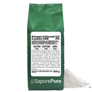 Sciroppo di glucosio in polvere 21DE di SaporePuro, ingrediente per cucina e forno, in confezione bianca con etichetta.