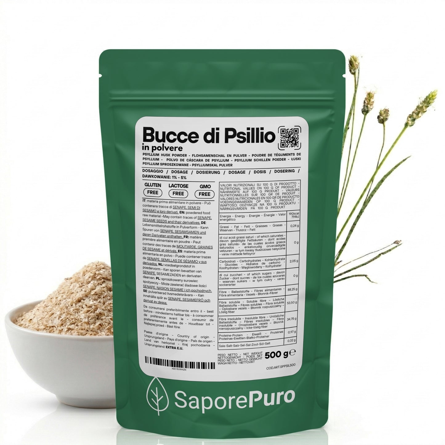Polvere di bucce di psillio SaporePuro, fibra naturale per integrazione alimentare, in confezione da 125g