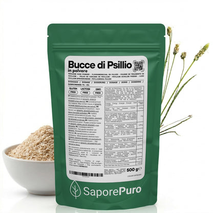 Polvere di bucce di psillio SaporePuro, fibra naturale per integrazione alimentare, in confezione da 125g