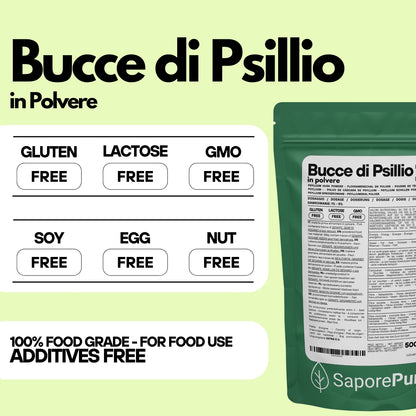 Polvere di fibra di psillio SaporePuro, buccia di psillio in polvere, vista del prodotto in confezione.