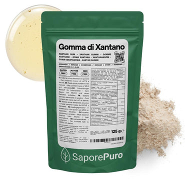 Gomma di xantano SaporePuro E415 in confezione, prodotto italiano, mostra la polvere bianca in un contenitore.