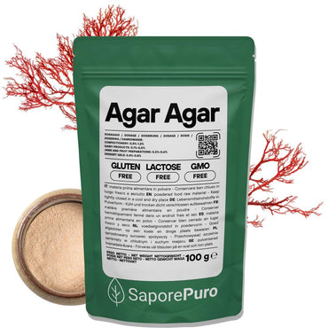 Agar agar SaporePuro, gelificante naturale di origine italiana, in polvere per preparazioni alimentari e gelificazioni.