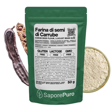 Farina di semi di carrube SaporePuro, origine Italia, in confezione, ingrediente naturale per cucina e dolci.