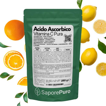 Vitamina C pura Acido Ascorbico SaporePuro in confezione, integratore essenziale per ricette e benessere, prodotto in Italia.