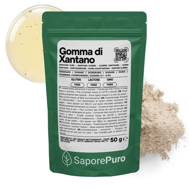 Gomma di xantano SaporePuro E415 in confezione, ingrediente naturale usato in cucina e in pasticceria, immagine in primo piano