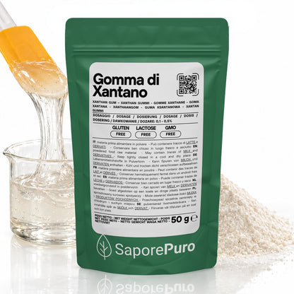 Gomma di xantano SaporePuro E415 in confezione, ingrediente naturale usato in cucina e panificazione, immagine del prodotto.