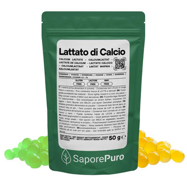 Lattato di calcio in polvere SaporePuro, ingrediente per cucina e forno, usato per sferificazione molecolare, contenuto in confezione.