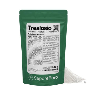 Zucchero naturale Trealosio di SaporePuro, origine extra UE, in sacco trasparente con zucchero bianco e cristalli fini.