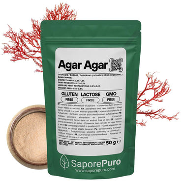 Agar agar SaporePuro, gelificante naturale di origine italiana, in polvere, pronto per l'uso in cucina.
