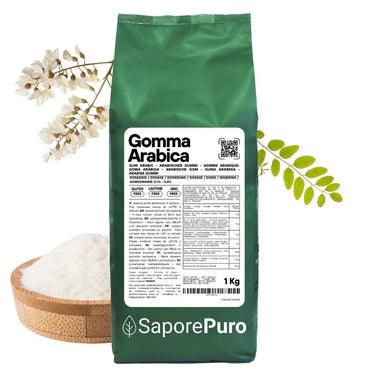 Gomma arabica in polvere SaporePuro, ingrediente per cucina e forno, confezionata in Italia, immagine del prodotto in busta