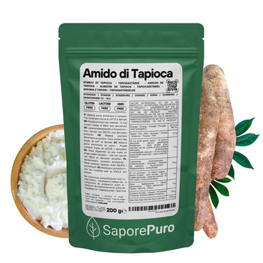 Amido di tapioca nativo SaporePuro in confezione, ingrediente per cucina, con etichetta visibile e dettagli sul prodotto