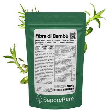 Fibra di bambù naturale di SaporePuro, ingrediente per prodotti caseari, da forno e gelati, origine Germania, in confezione.