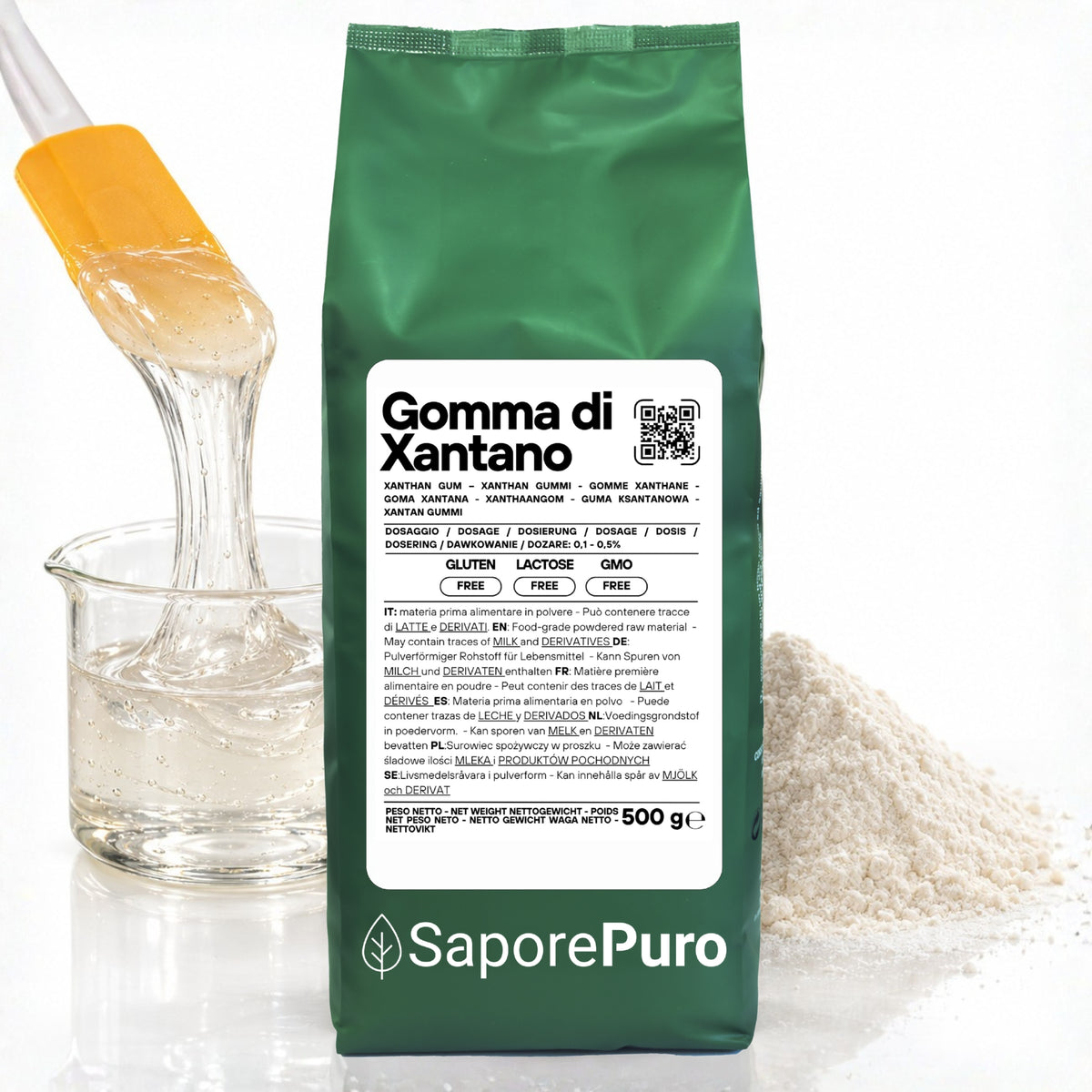 Gomma di xantano SaporePuro E415 in confezione, ingrediente naturale utilizzato in cucina e pasticceria italiana.