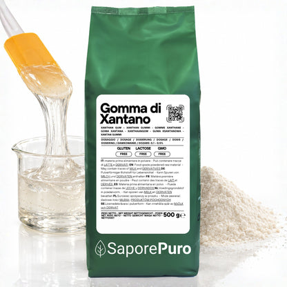 Gomma di xantano SaporePuro E415 in confezione, ingrediente naturale utilizzato in cucina e pasticceria italiana.