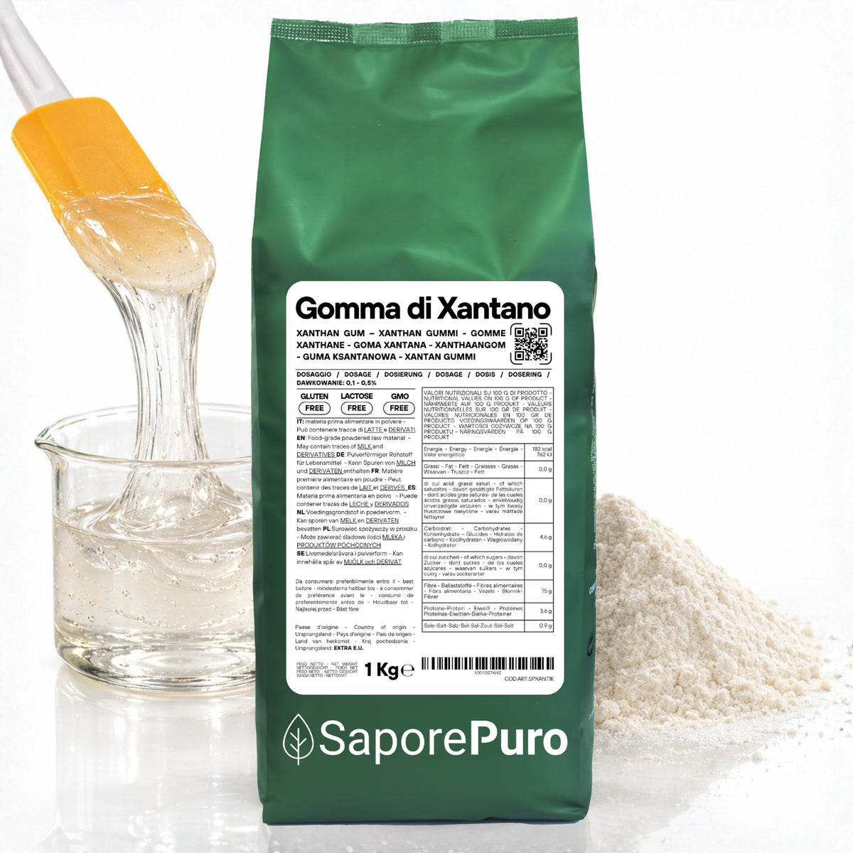 Gomma di Xantano E415 SaporePuro, confezione da Italia, ingrediente naturale per cucina e pasticceria, immagine del prodotto.