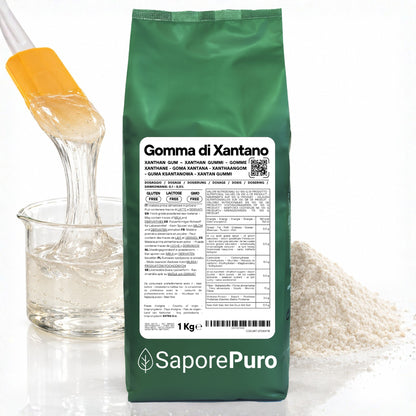 Gomma di Xantano E415 SaporePuro, confezione da Italia, ingrediente naturale per cucina e pasticceria, immagine del prodotto.