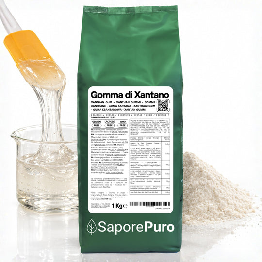 Gomma di Xantano E415 SaporePuro, confezione da Italia, ingrediente naturale per cucina e pasticceria, immagine del prodotto.