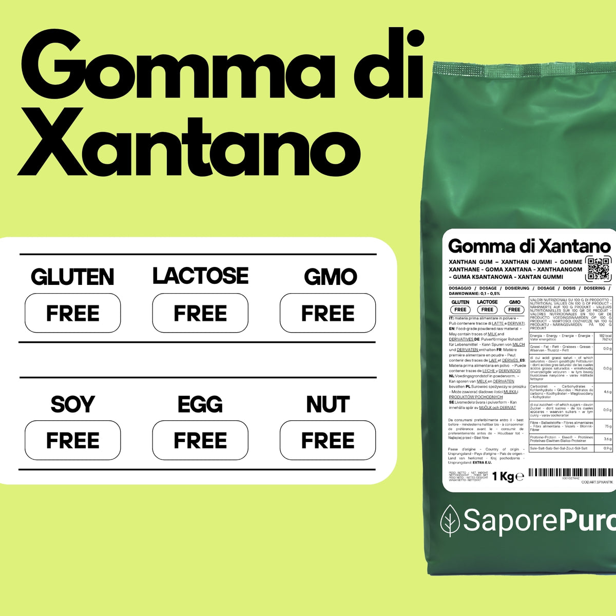 Gomma di Xantano SaporePuro E415 in confezione, ingrediente naturale italiano, usata in cucina e produzione alimentare.