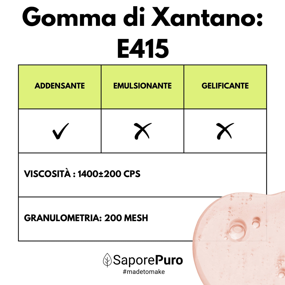 Gomma di xantano SaporePuro E415 in confezione, prodotto italiano, usata come addensante e stabilizzante in cucina.