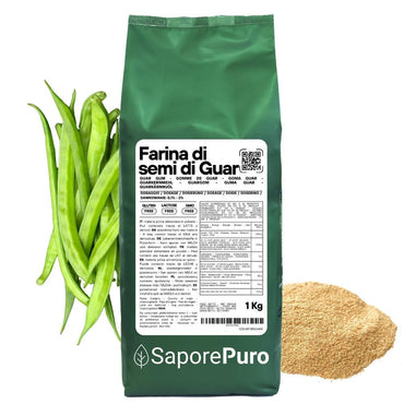Farina di semi di guar SaporePuro, ingrediente naturale dall'India, confezionata in Italia, ideale per cucina e prodotti da forno.