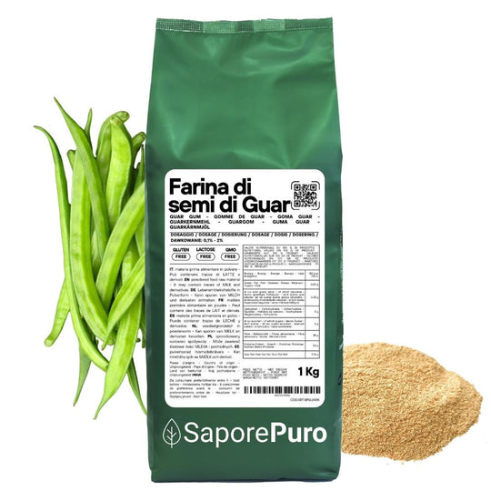 Farina di semi di guar SaporePuro, origine India, ingrediente per cucinare e da forno, confezionata in Italia.