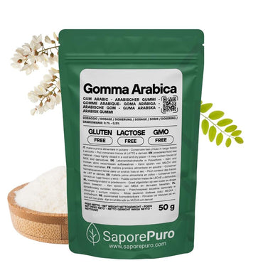 Polvere di gomma arabica (E414) di SaporePuro, ingrediente naturale per cucina e forno, confezionato in Italia.