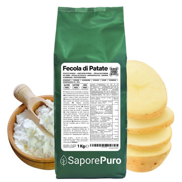 Fecola di patate SaporePuro in confezione, prodotto italiano, perfetta per cucinare e addensare piatti tradizionali italiani.