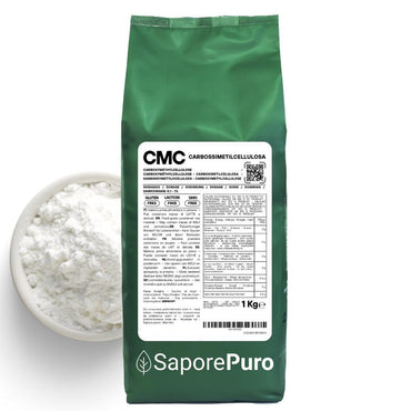 Polvere di Carbossimetilcellulosa (CMC) SaporePuro, color bianco, in confezione da laboratorio, usata come addensante e stabilizzante.