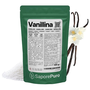 Vanillina pura di SaporePuro, aroma intenso e persistente, in confezione per aromatizzare dolci e dessert.