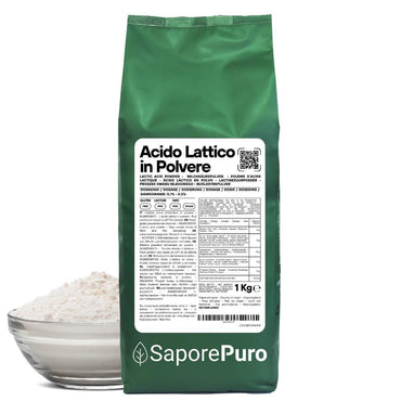 Polvere di acido lattico SaporePuro, additivo alimentare, visibile in un contenitore con etichetta bianca e dettagli blu.