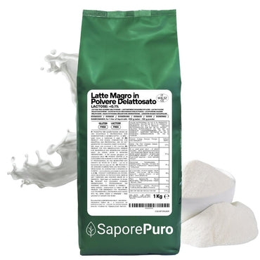 Latte magro in polvere SaporePuro senza lattosio, ideale per gelati e cucina, mostrato in una confezione aperta con polvere bianca.