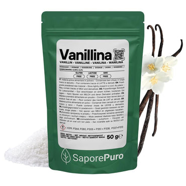 Vanillina pura di SaporePuro, aroma intenso e persistente, in confezione visibile, ideale per dolci e prodotti da forno.