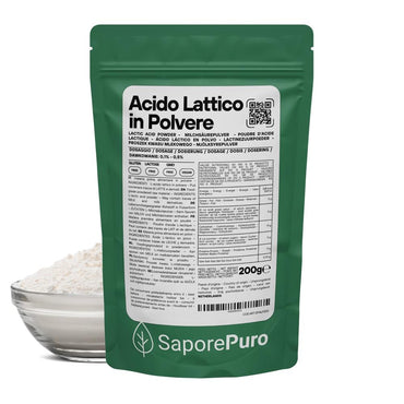 Additivo alimentare Acido Lattico in polvere SaporePuro, ideale per migliorare sapore e conservazione negli alimenti.