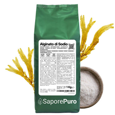 Alginato di sodio SaporePuro, ingrediente naturale per sferificazione molecolare e cottura, gelificante E401, per cucina e forno.