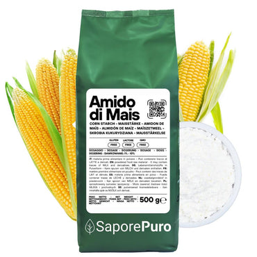Amido di mais nativo SaporePuro, addensante naturale e potente, senza glutine, in confezione bianca e polvere fine.