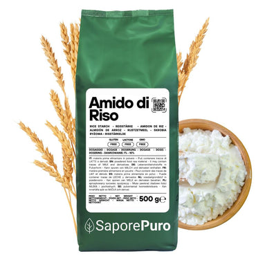 Amido di riso SaporePuro, amido nativo 100% di origine italiana, in confezione da cucina, bianco e finemente polverizzato