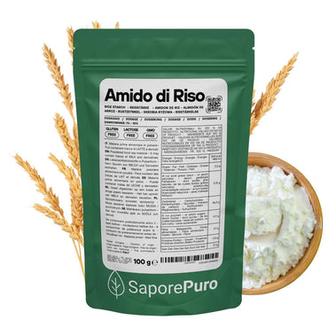 Amido di riso SaporePuro, amido nativo 100% di origine italiana, in confezione visibile, ideale per cucina e prodotti naturali.