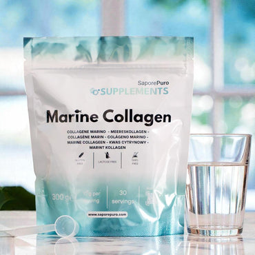 Integratore di collagene marino SaporePuro, 300g, con polvere di collagene naturale per la salute della pelle e delle articolazioni.