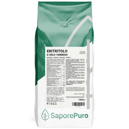 Eritritolo a Velo SaporePuro 1kg, fine 100 mesh, zero-calorie sweetener, in a clear resealable bag.