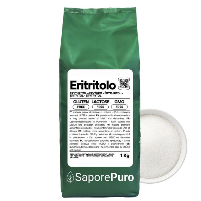 Eritritolo naturale di SaporePuro, dolcificante senza calorie, origine Francia, in confezione da 1 kg, zucchero e dolcificanti.