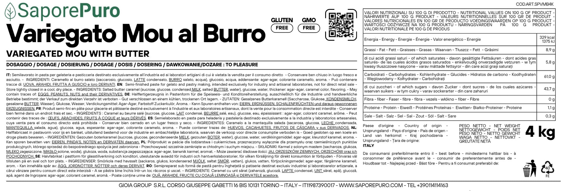 Variegato Mou al burro SaporiPuro per gelato, caramello, 4 kg, etichetta con prodotto e dettagli della marca GelatoStore